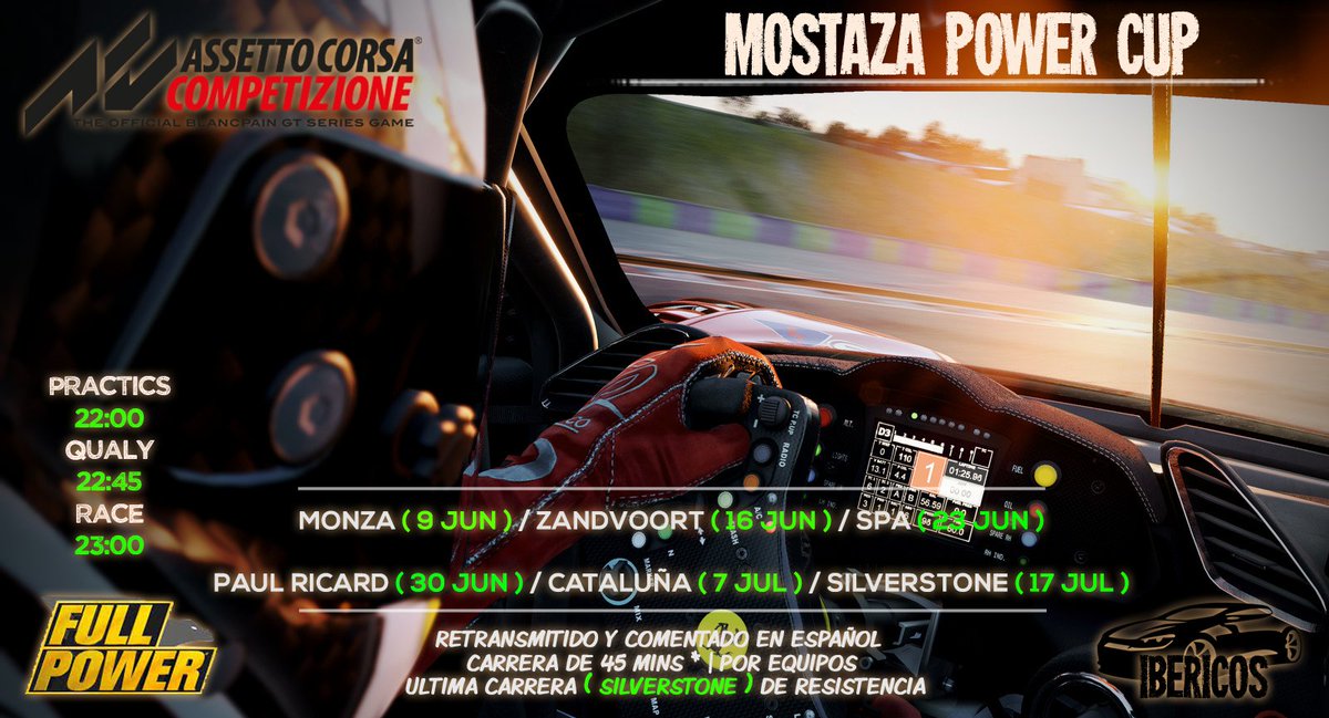FullPowerRT's tweet photo. En 14 días comenzamos el 1º #campeonato 🏁🎌Mostaza Power Cup🎌🏁. Si te gustan las #carreras y le das a #AssettoCorsaCompetizione  te esperamos en @Fullpower.
 Para mas INFO entrar en nuestro canal de Discord.
https://t.co/8Gn8kqTw72 https://t.co/O65dkCvZ6L
