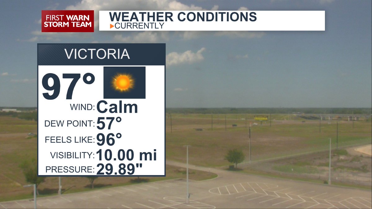 wxprobrian's tweet photo. TIED THE RECORD: So far, as of 4pm, the current temperature of 97° in Victoria has tied the record for day that was set back in 1928. I'll let you know if the temperature goes any higher. #CrossroadsWX #CrossroadsToday https://t.co/rpMqS81g16