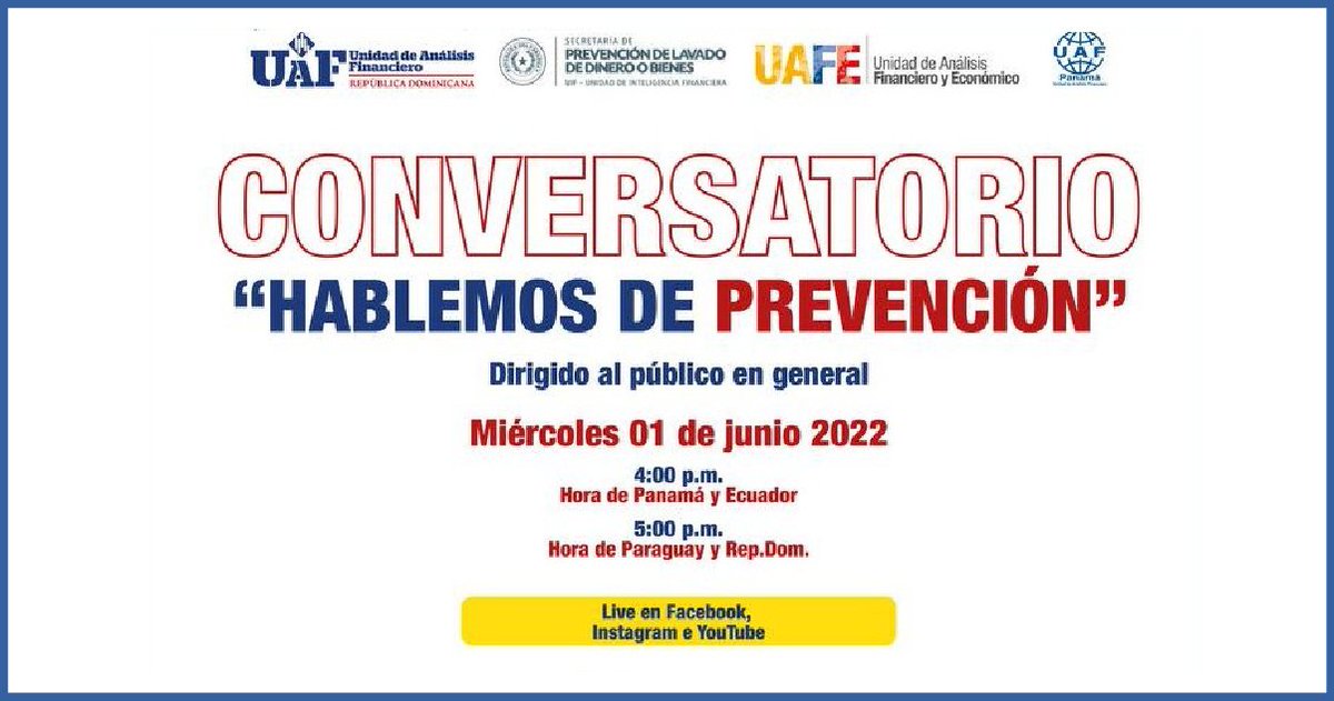 gafilat's tweet photo. EL GAFILAT extiende la invitación del conversatorio: “Hablemos de Prevención”, dirigido al público en general. Se llevará a cabo el miércoles 1 de junio de 2022 a las 18:00 horas (Buenos Aires), a través de la plataforma digital Facebook Live.
Leer más: https://t.co/FI7X2vt7Li https://t.co/ApIt1iZa3D