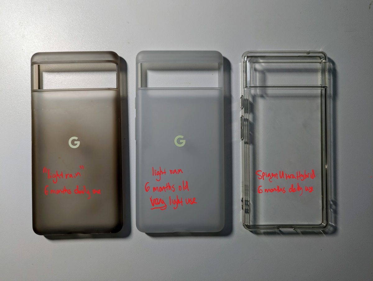 chui101's tweet photo. @9to5Google @iamdamienwilde I have a Spigen clear case that's held up better than my girlfriend's official case. Judging from the pattern of discoloration it's probably more to do with skin oil than age or sun exposure. https://t.co/tlFnLo7MvH