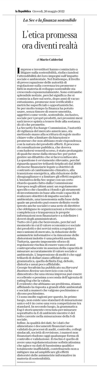 Oggi ho scritto questo commento per Repubblica #esg #sostenibilità #impatto