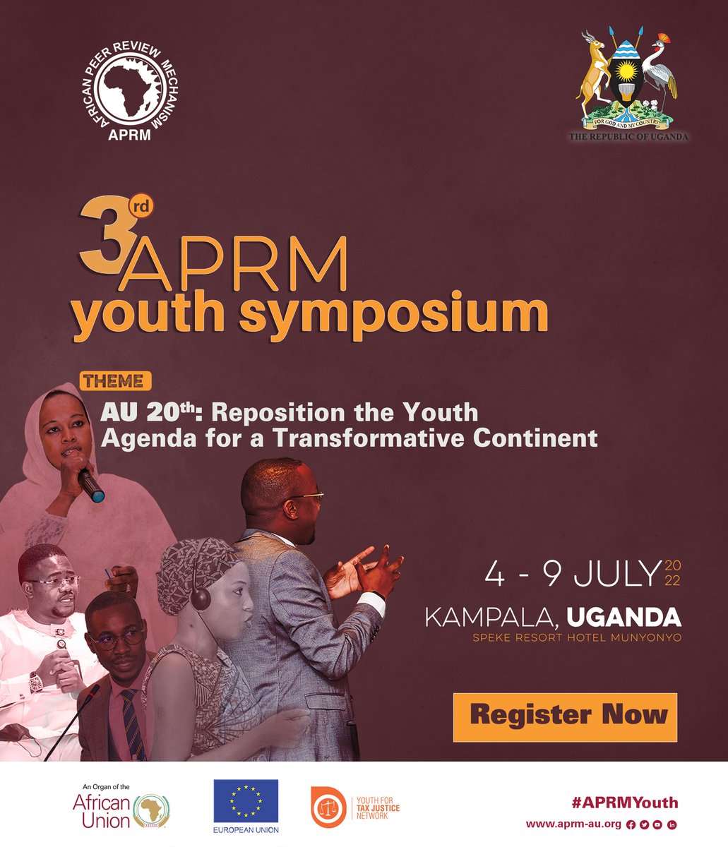 APRMorg's tweet photo. 🔥APRM  in partnership with the @GovUganda &amp; @EUinUG  is pleased to announce the 3rd Edition of the #APRMYouth Symposium to take place in July 2022 in Kampala, Uganda. 
Applications for  physical and online participation are now open. Follow link below
https://t.co/hteAwupId1 https://t.co/TfR1xZXAAY