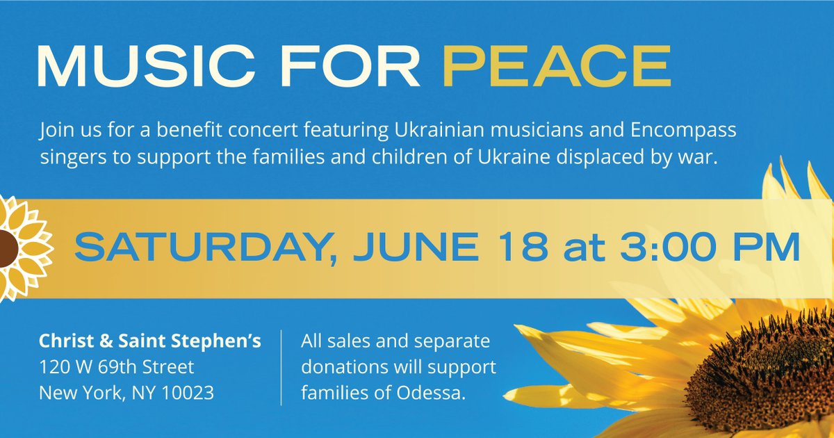 EncompassOpera's tweet image. Join us on Saturday, June 18 for a Benefit Concert for Ukraine to support children and families affected by the war. All ticket sales and donations will help provide food, clothing and medications to the people of Odessa. Learn more at encompasstheatre.org