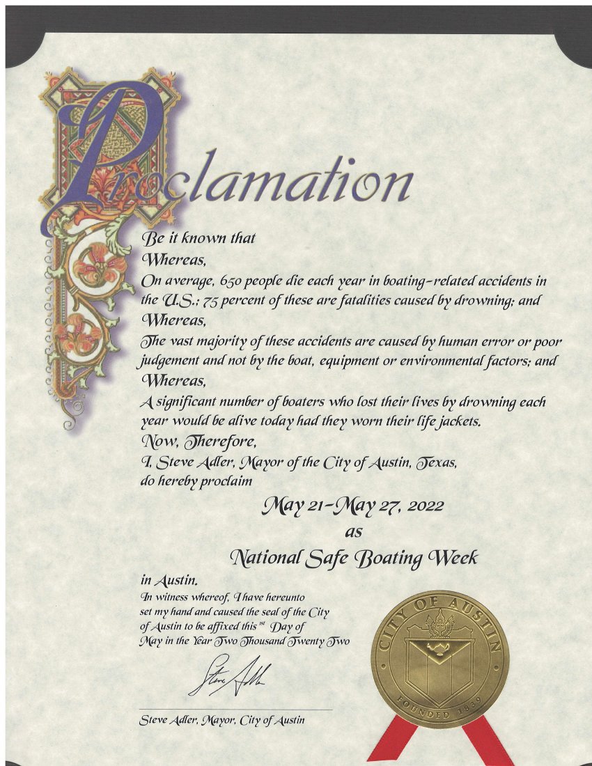 CGAUXATX's tweet photo. Proclamations from the cities of Austin and Round Rock for National Safe Boating Week 2022. https://t.co/arFYEIcjgz