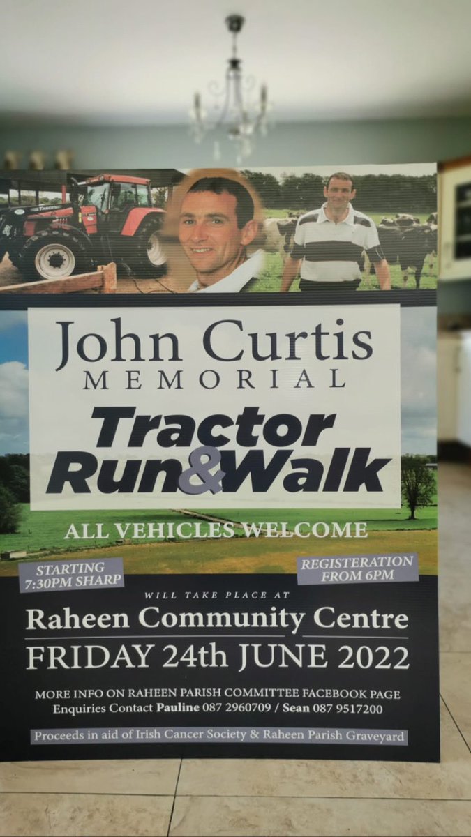 coreresourceger's tweet photo. Be great to come and support the inaugural John Curtis Memorial Tractor Run &amp; Walk on Friday 24th June in Raheen at 7.30 sharp. Please put the date in the diary and share to support  #raheen #tractorrun #run #walk https://t.co/RYvNK5mVIv