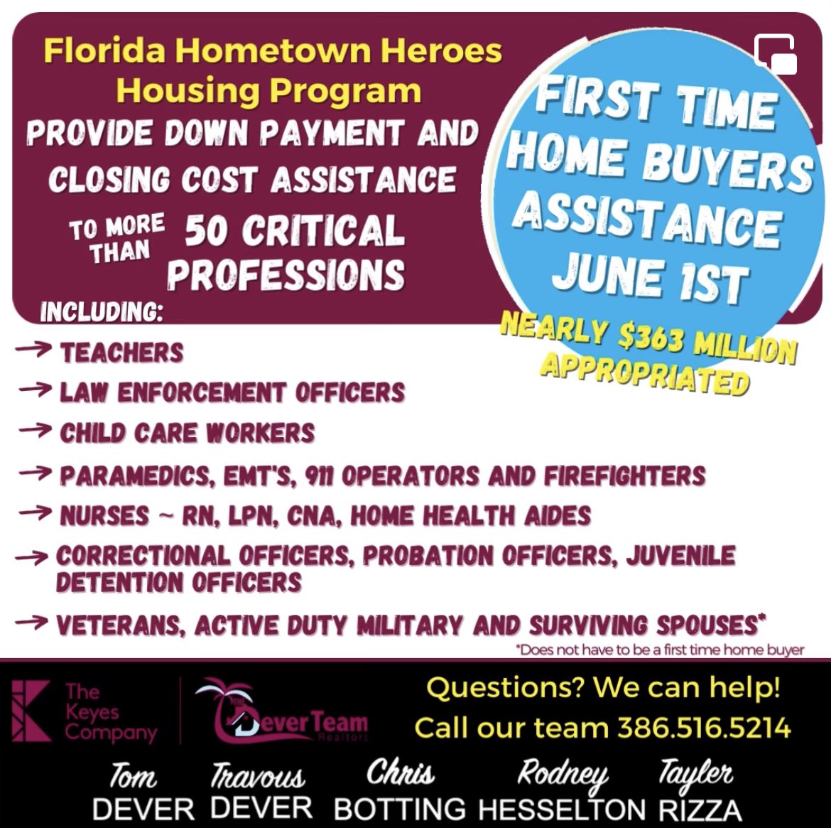 QuanLee_5's tweet photo. Governor Ron DeSantis Announces🚨 Launch of Florida Hometown Heroes Housing Program Starting June 1st! For more information, Call The Dever Team 386-516-5214, Providing Down Payment and closing cost assistance for more than 50 critical professionals 
#firsttimebuyer
#thedeverteam https://t.co/STru2ntDu3