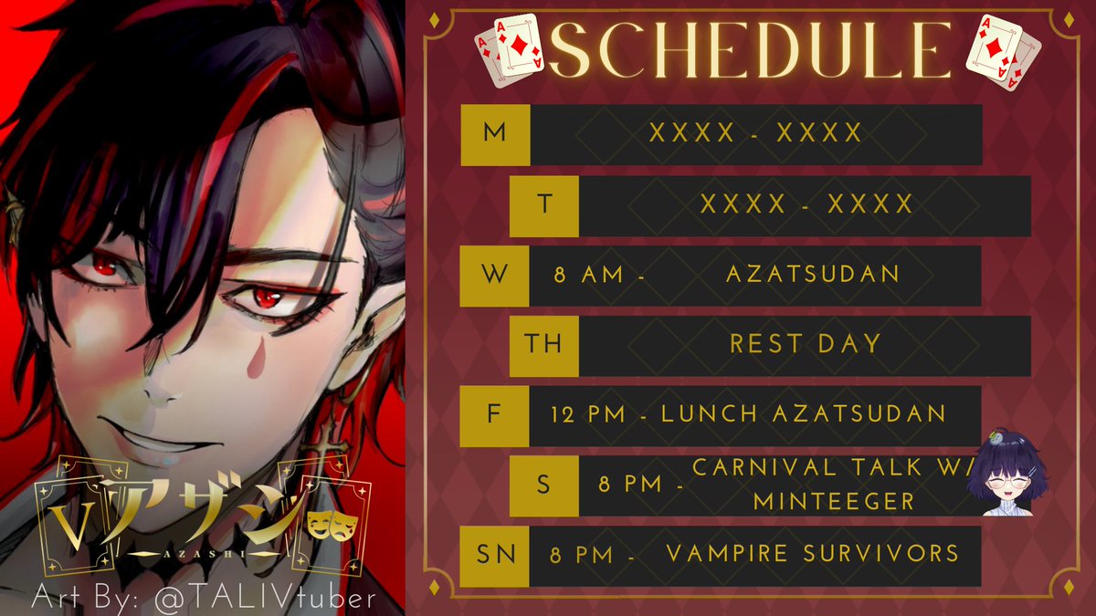 Azashi__'s tweet photo. 🩸⚜️ SCHEDULE FOR THE WEEK OF MAY 23-29 ⚜️🩸

Carnival talk with THE MINTEEGER?
Also this week is stacked SEE YOU

Schedule Art by: @/TALIVtuber

【HASHTAGS】
Live: #Azahaishin
Art: #Azashillust
NSFW: #Azalust
Memes: #Azashitpost
Clips: #Azasheesh
Music: #AzashinoUta https://t.co/wz1vaUojSg