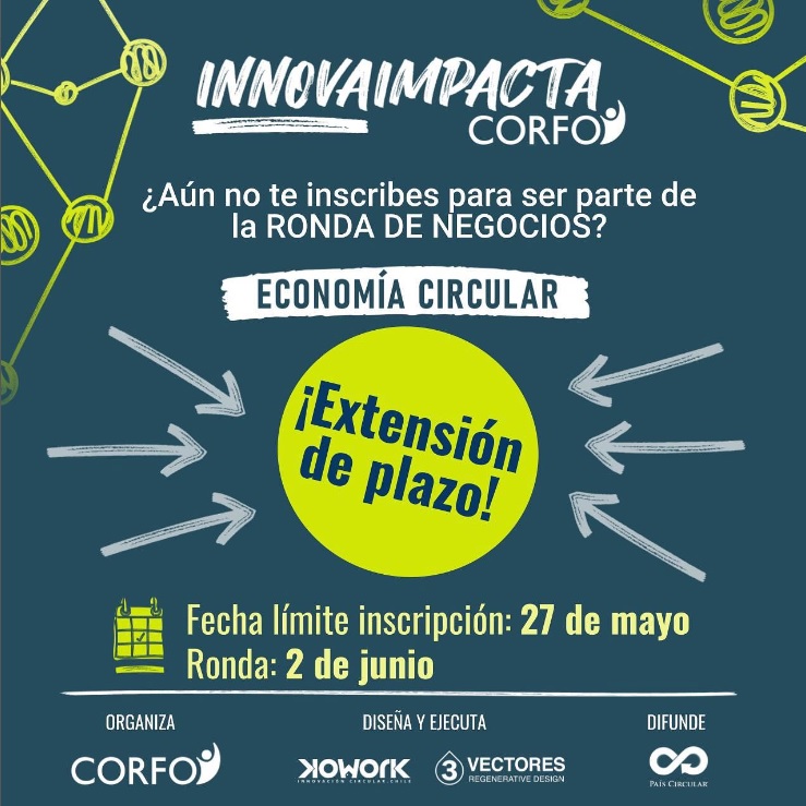 fortalecepyme's tweet photo. 🚨Se extendió el plazo hasta el 27 de mayo 🚨 Postula a #InnovaImpacta la Ronda de Negocios de Economía Circular♻️ de @corfochile . Potencia tu negocio colaborando con emprendimientos, empresas y organizaciones que promueven la sustentabilidad.
https://t.co/npqnhMfckC https://t.co/TbJPP16PqB
