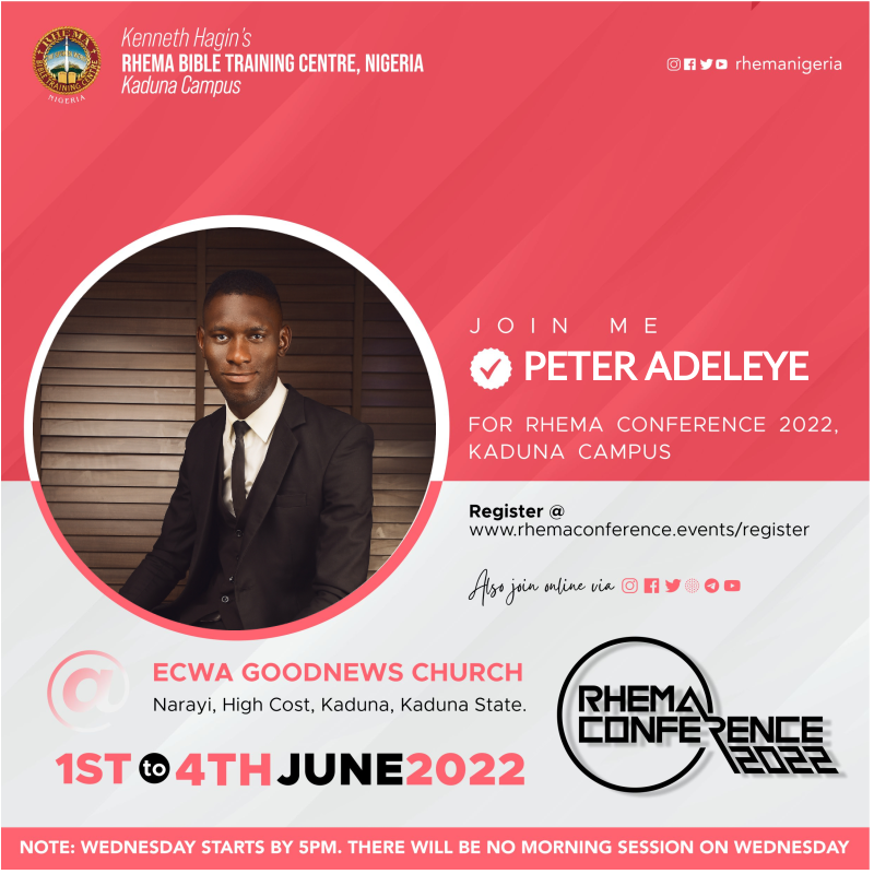 5 days to go! 

You don't want to miss this! 

#RhemaConference2022 #RhemaNigeria #RhemaKaduna #FaithSeminar #PrayerClinic #HolyGhostMeeting #June