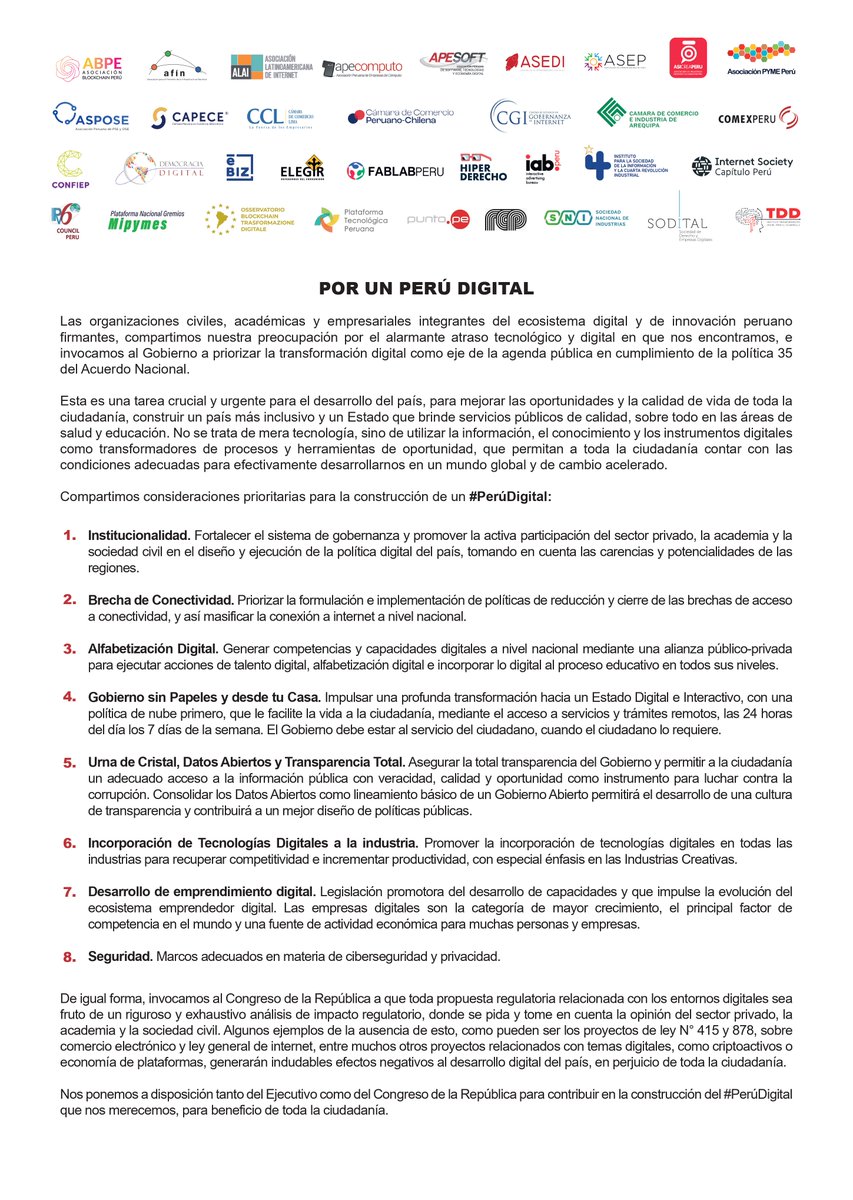 jaime_dupuy's tweet photo. Por esto, muchas organizaciones de la sociedad civil, academia y del sector empresarial han comunicado públicamente algunos lineamientos necesarios para lograr un Perú Digital, advirtiendo especial preocupación sobre este proyecto de ley. 5/8 https://t.co/0wBTt4QMTO