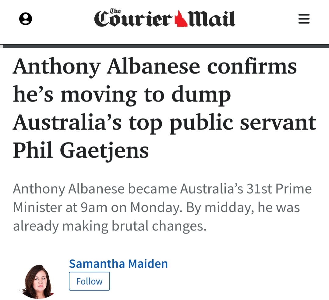 NewsCorp's @samanthamaiden declares PM @AlboMP was 'already making brutal changes'. Um, removing a blatantly partisan, possibly corrupt or at least complicit, public servant Phil Gaetjens? I'd describe that as principled leadership. #auspol #FederalICAC