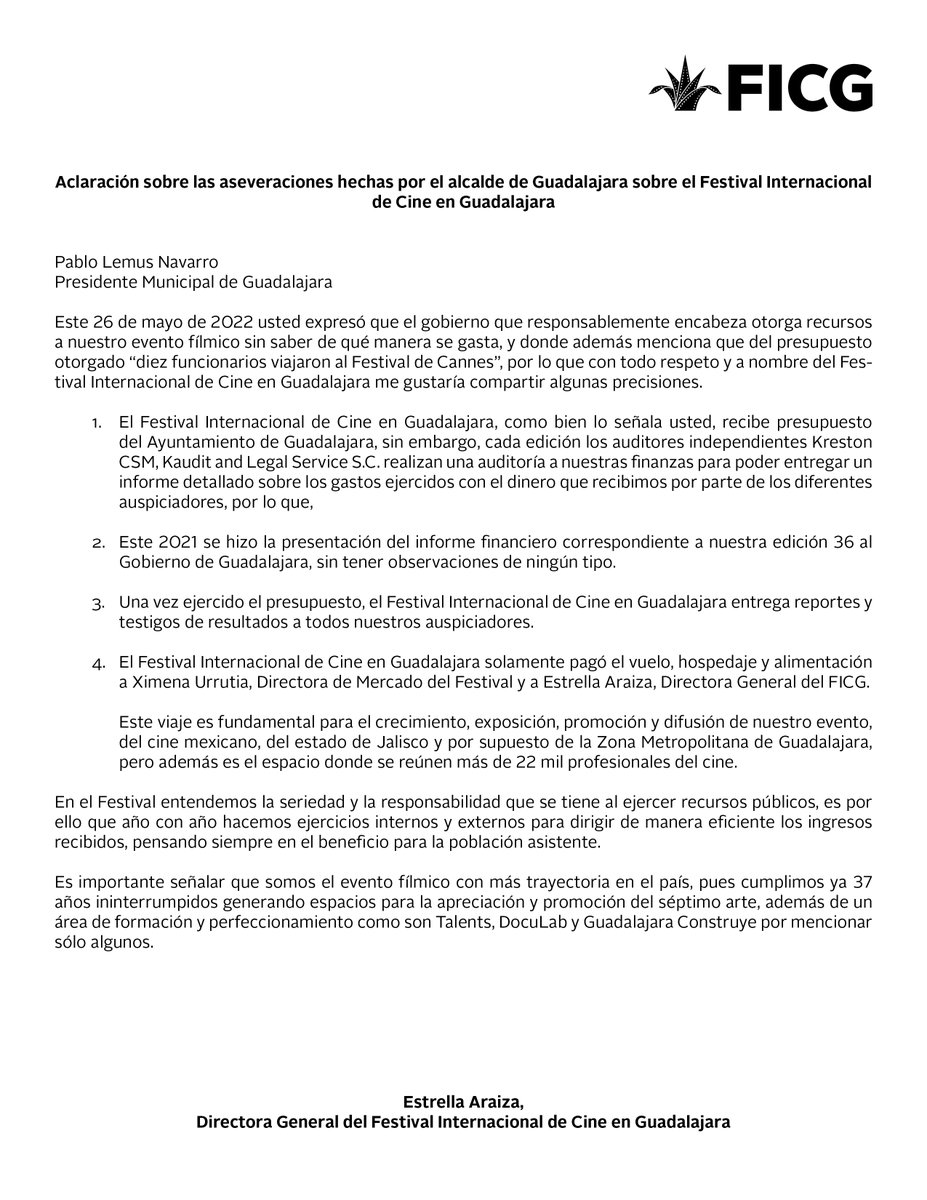 Aclaración sobre las aseveraciones hechas por el alcalde de Guadalajara <a href="/PabloLemusN/">Pablo Lemus Navarro</a>, sobre el Festival Internacional de Cine en Guadalajara. <a href="/GuadalajaraGob/">Gobierno de Guadalajara</a>