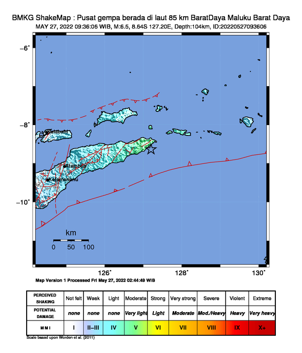infoBMKG's tweet photo. #Gempa Mag:6.5, 27-Mei-22 09:36:06 WIB, Lok:8.64 LS, 127.20 BT (Pusat gempa berada di laut 85 km BaratDaya Maluku Barat Daya), Kedlmn:104 Km Dirasakan (MMI) III-IV Alor, II Kupang #BMKG https://t.co/XUw5R4DfPF