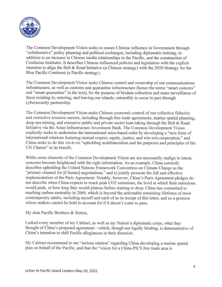 CleoPaskal's tweet photo. If you read one thing about #WangYi's Pacific tour, make it @POTFSM letter to other Pacific leaders about the 'vision' and 'five year plan' documents China wants signed. 

"[This is] the single-most game-changing proposed agreement in the Pacific in any of our lifetimes." 1/2 https://t.co/akoHRvcDan