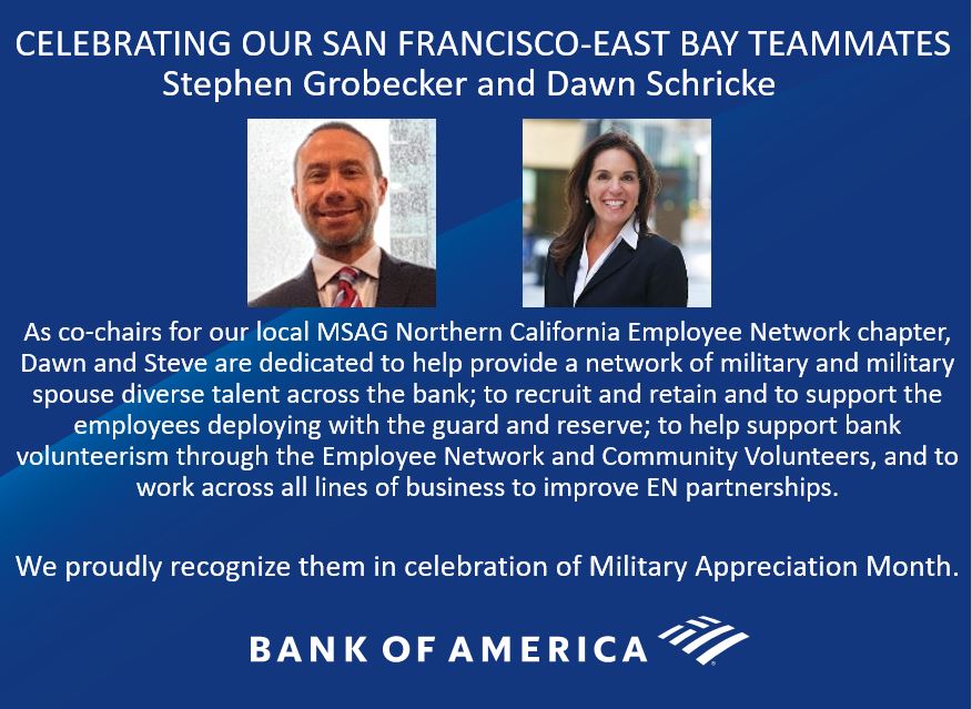 gioiamccarthy's tweet photo. For #MilitaryAppreciationMonth thank you to #SanFrancisco #EastBay @BankofAmerica #NorthernCA #MSAG #Military Support Assistance Group Emp Network #ERG co-chairs for their year-round commitment to #Veteran teammates, clients, & community! #ThankfulThursday https://t.co/OpTzeY838D https://t.co/qnvjXKcNyJ