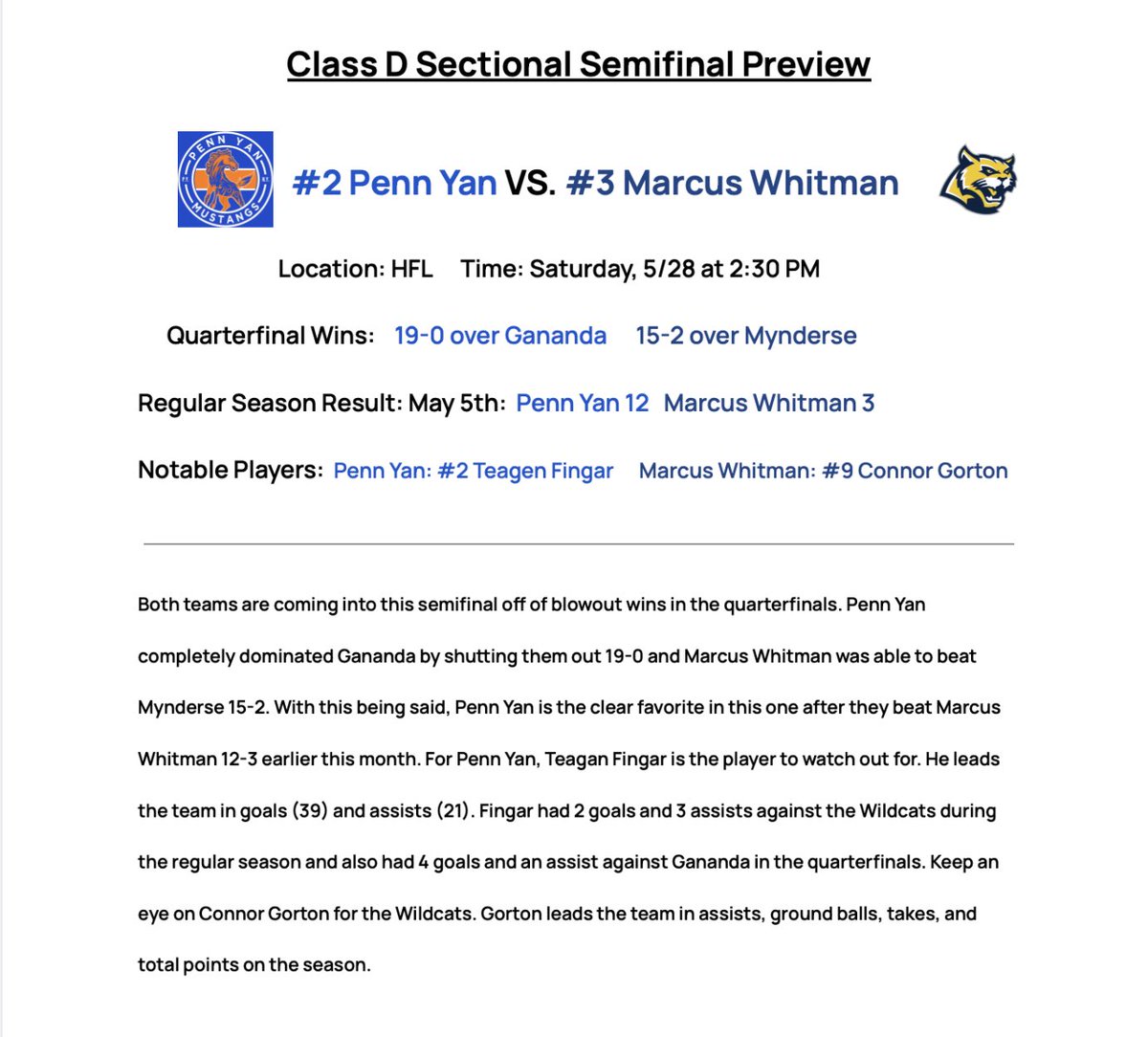 Section V Class D Sectional Semifinal Previews: