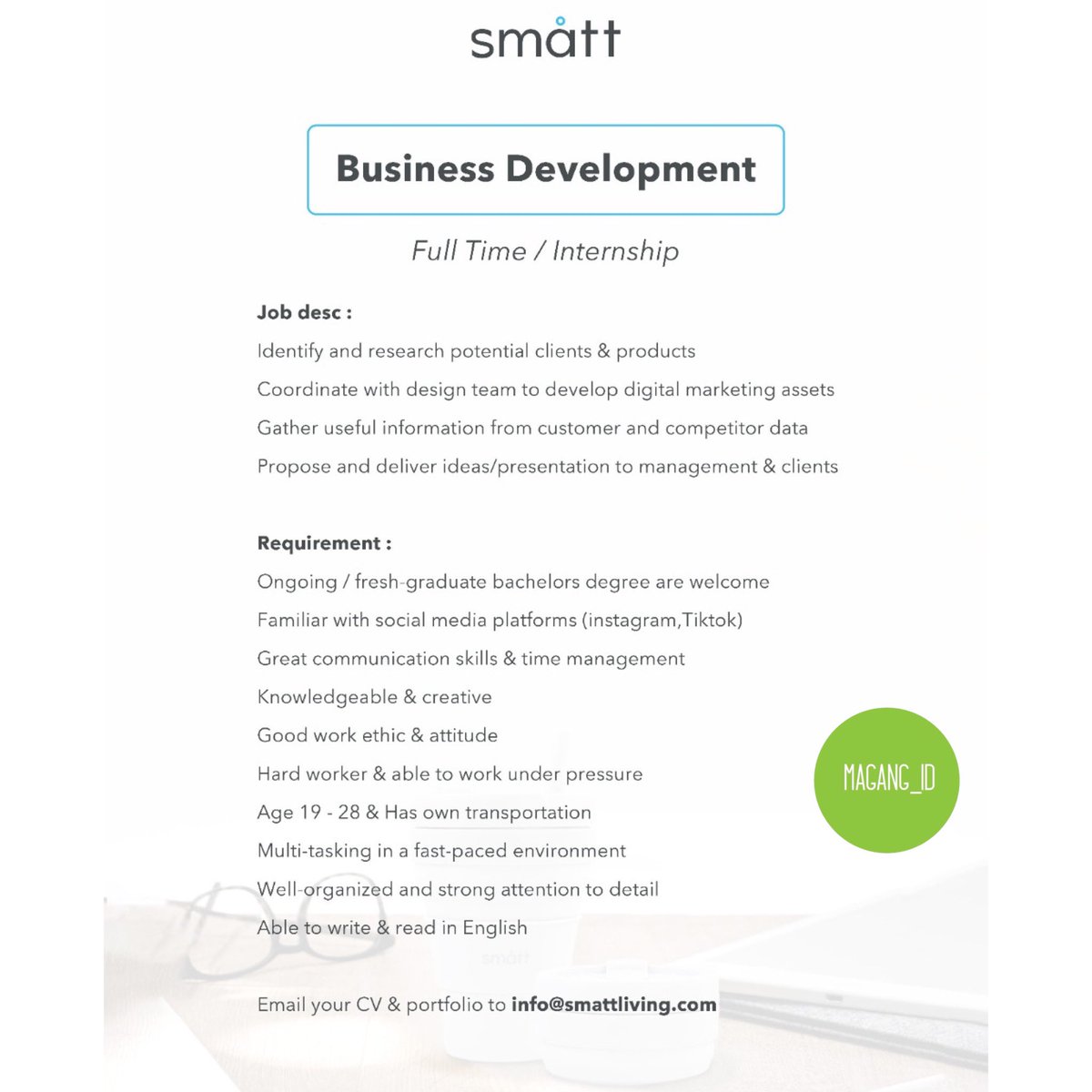 sobatmagang_id's tweet photo. Smatt is hiring Business Development
💰 Paid Internship
✍️ Work From Home
#Magang #MagangID #InfoMagang #AnakMagang #MagangYuk #MagangID_Smatt #Smatt #WorkFromHome #Paidinternship https://t.co/R6Ox26Obhd
