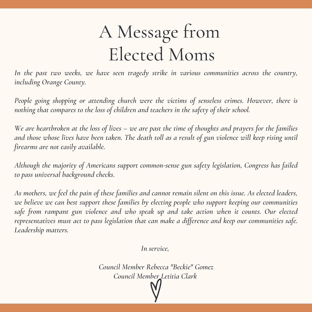 LetitiaCClark's tweet image. My colleague on the council and fellow mom @Beckie4Tustin decided to release a joint statement on the recent tragedies. #LeadershipMatters