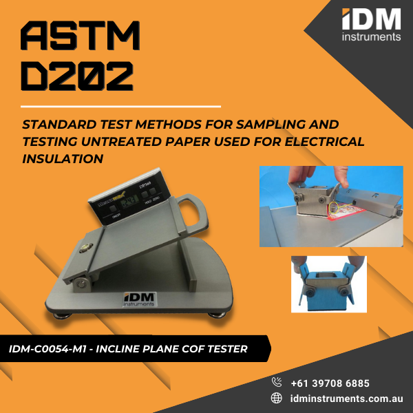 IDM_Instruments's tweet photo. ASTM D202 - Standard Test Methods for Sampling and Testing Untreated Paper Used for Electrical Insulation

Test as per this standard using: IDM-C0054-M1 - Incline Plane COF tester https://t.co/4asQ2EyEr4

#ASTMd202 #astmstandard #COFtester #inclineCOF #COF #coefficientoffriction https://t.co/tBdl7CAiYI
