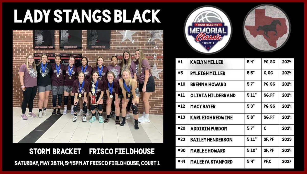 Check out our Lady Stangs Black this weekend at The Gary Blevins Memorial Day Tournament! 🏀 <a href="/23BaileyH/">Bailey Henderson</a> <a href="/Brennahoward_10/">Brenna Howard</a> <a href="/MarleeHoward4/">Marlee Howard</a> <a href="/macybayer11/">macy bayer:)</a> <a href="/Addiecakes01/">addisin purdom</a> <a href="/OliviaHildebra2/">Olivia Hildebrand</a> <a href="/kaelyn_miller10/">kaelyn miller</a>