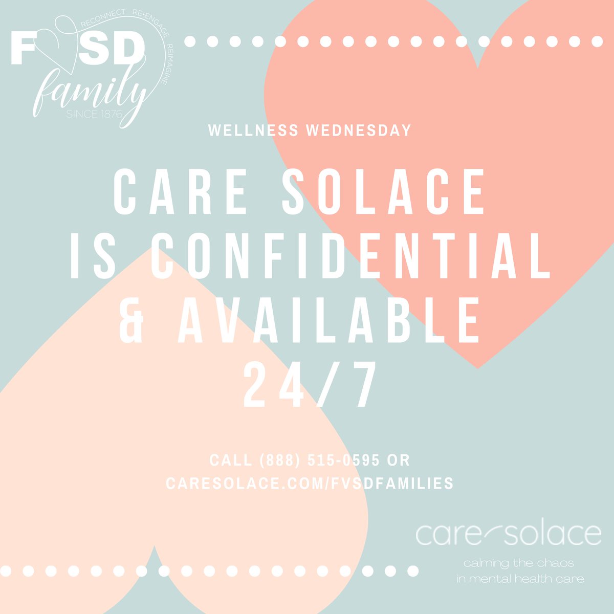 "Mental Health Support is available through Care Solace 24/7 and is completely confidential. Call or click for support in connecting you to mental health providers, (888)515-0595 caresolace.com/fvsdfamilies "