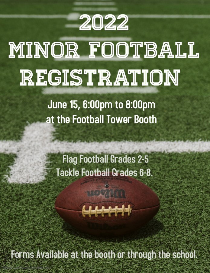 MacklinFootball's tweet photo. Minor Football Registration. Students in current grades 5-7 will be sized for equipment, so please bring your children to registration. https://t.co/noesAFNQBC
