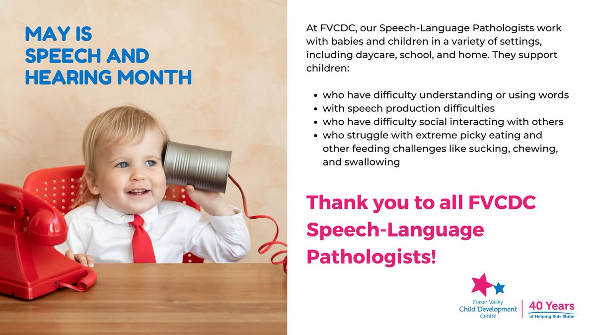 FraserValleyCDC's tweet photo. May is Speech and Hearing Month and we would like to take this opportunity to thank all of the wonderful Speech-Language Pathologists at FVCDC! https://t.co/SU4M6XP3Ft