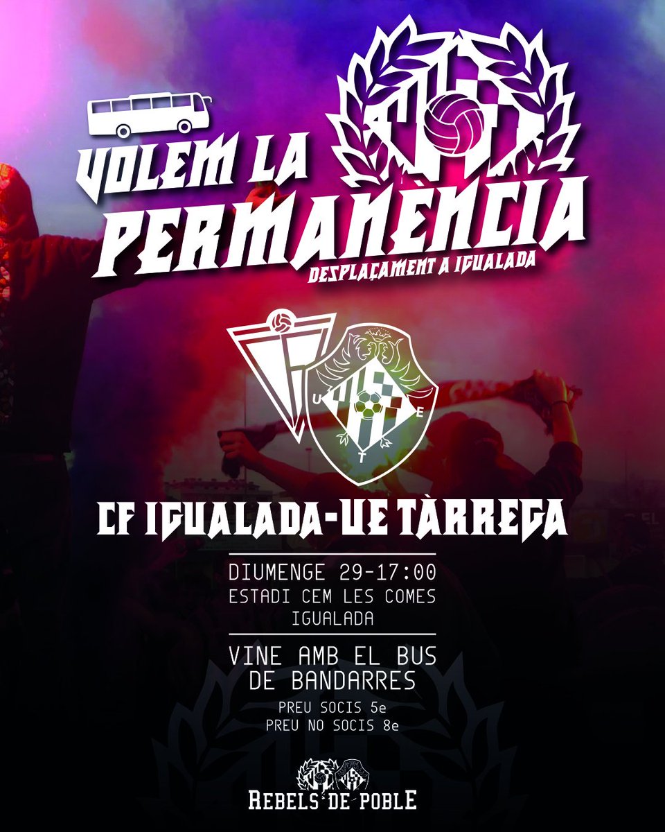 BOndarins's tweet photo. VOLEM LA PERMANÈNCIA✊🔥

Desplaçament Bandarra a la capital de l'Anoia en què exigim el màxim dels nostres al terreny de joc, i per descomptat que nosaltres ens ho deixarem tot a la grada!

Vine amb el BUS BANDARRA🚌🍻
🔵Preu Socis 5€
🔴Preu No Socis 8€

+info via DM📥 https://t.co/s1QV6GXg3Z