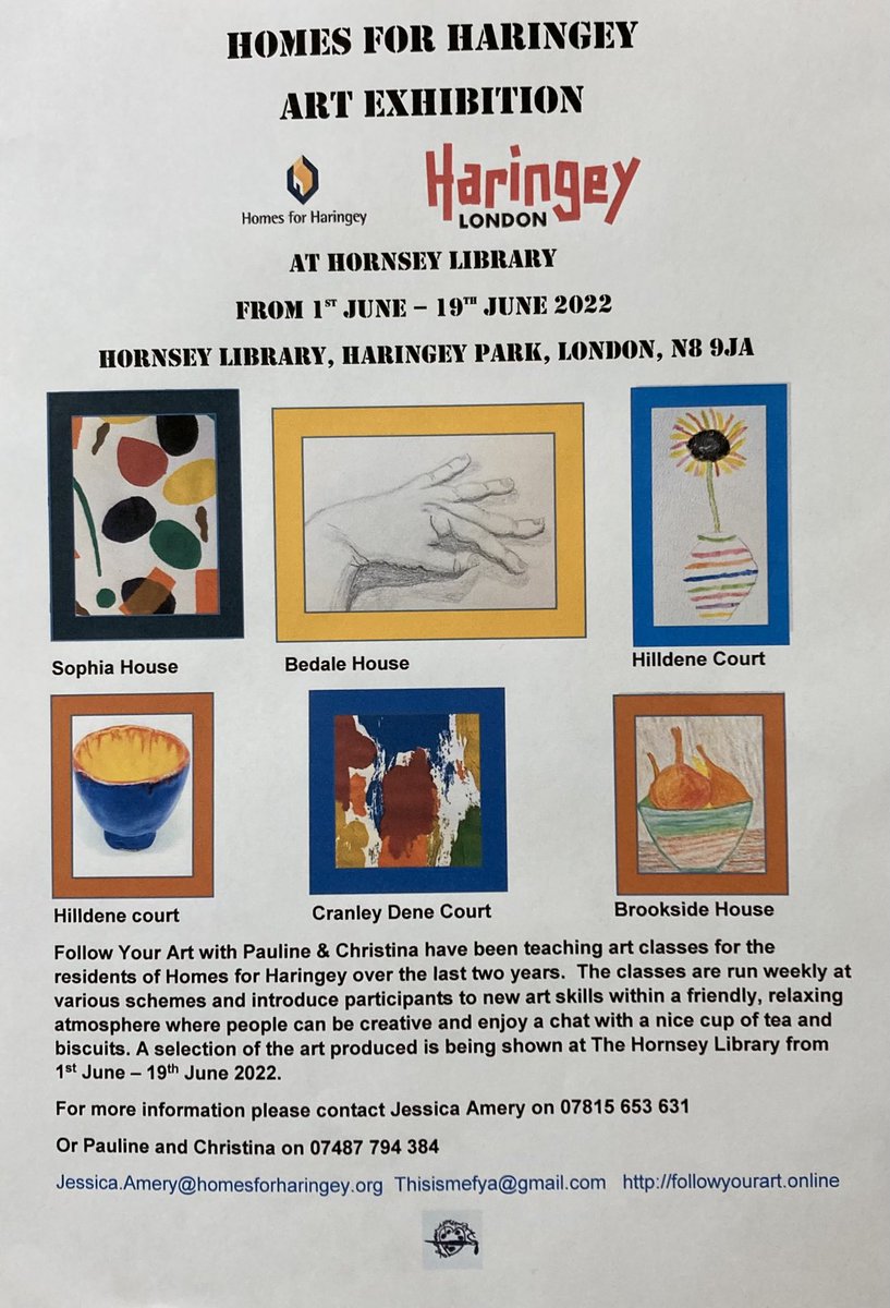 Come to the Homes for Haringey art exhibition starting on the 1st June to 19th June at the Hornsey library and see some spectacular art created by class participants. ⁦@haringeycouncil⁩ ⁦@homes4haringey⁩ ⁦@BEHMHTNHS⁩ ⁦@MindinHaringey⁩