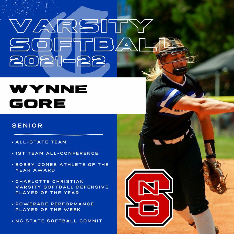 CHARLOTTE CHRISTIAN SOFTBALL (@ccssoftball) on Twitter photo Congratulations to Wynne Gore for making the NCISAA 4A All-State Team & CISAA 1st Team All-Conference. Wynne also won the Bobby Jones Athlete OTY award, Charlotte Christian Defensive POTY, Powerade Performance POTW. Wynne will continue her career at <a href="/PackSoftball/">NC State Softball</a> What a Year π₯πͺπ» Congratulations to Wynne Gore for making the NCISAA 4A All-State Team & CISAA 1st Team All-Conference. Wynne also won the Bobby Jones Athlete OTY award, Charlotte Christian Defensive POTY, Powerade Performance POTW. Wynne will continue her career at <a href="/PackSoftball/">NC State Softball</a> What a Year π₯πͺπ»