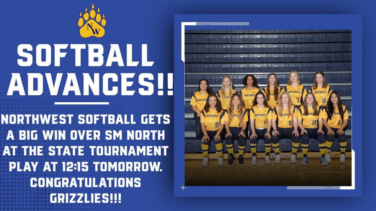 Northwest softball defeats SM North 1-0 at 6A State Softball. Will play in the semi's on Friday at 12:15 against Topeka or Olathe North at SMSD softball complex. Congratulations Grizzlies!!!