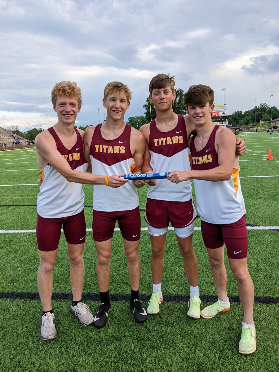 STATE BOUND!!

Congrats to the Titan Boys 4x800 Relay Team of Alex Spindler, Wyatt McElhiney, Lucas Kissel &amp; Cooper Maurer!! 
With their 3rd place finish at Regional, they have qualified for State with a time of 8:17!!
Great run guys!!

#titanpride