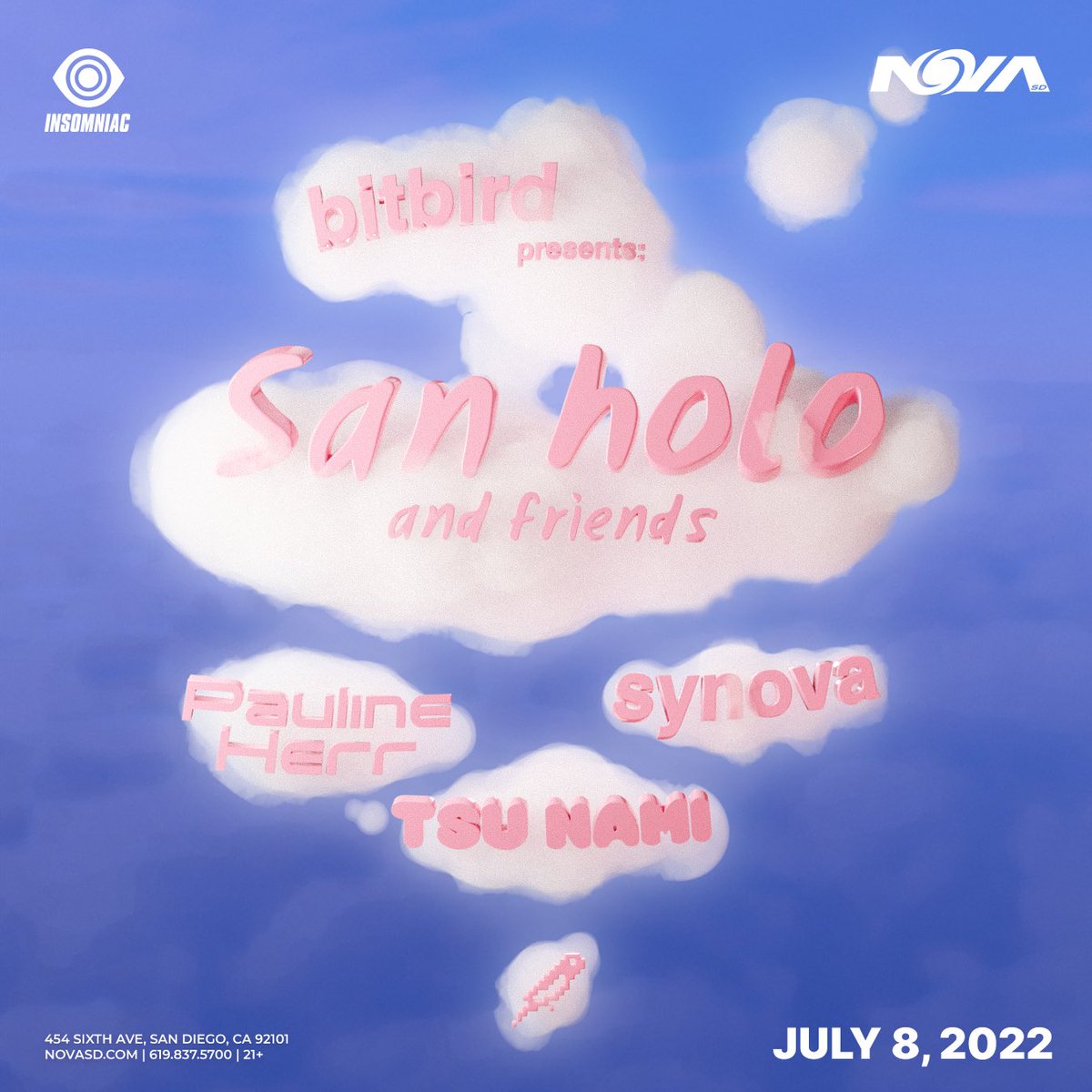 sanholobeats's tweet photo. .@bitbird presents: san holo &amp; friends ✨ july 8th at @novasdclub with @paulineherr @TSUNAMIMUSICx &amp; @Synovamusic 

tickets: https://t.co/AZCrbRdhLA https://t.co/92L873kF7R
