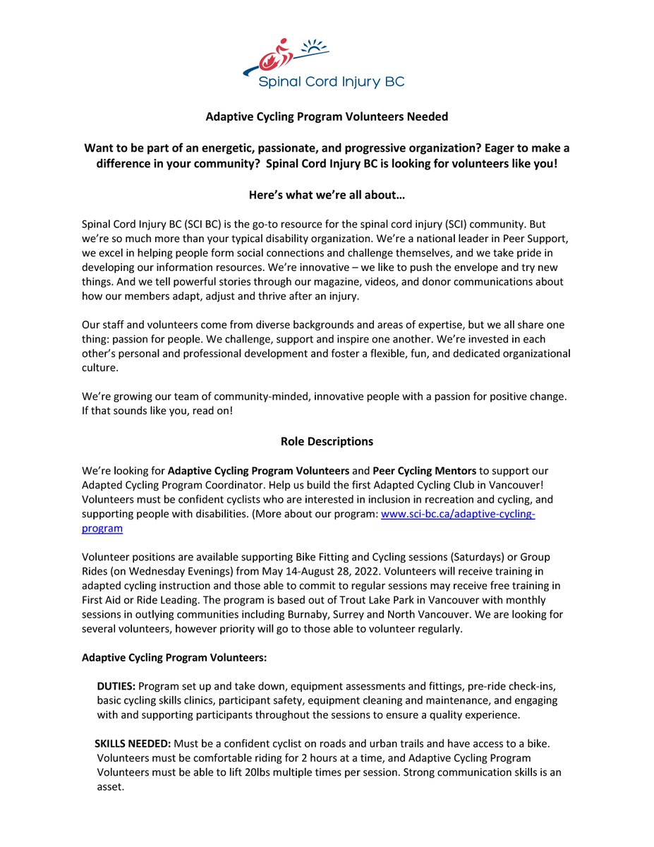 Volunteer Opportunity! Spinal Cord Injury BC is looking for volunteers with their Adaptive Cycling Program

ow.ly/VOBq50Jj8o8