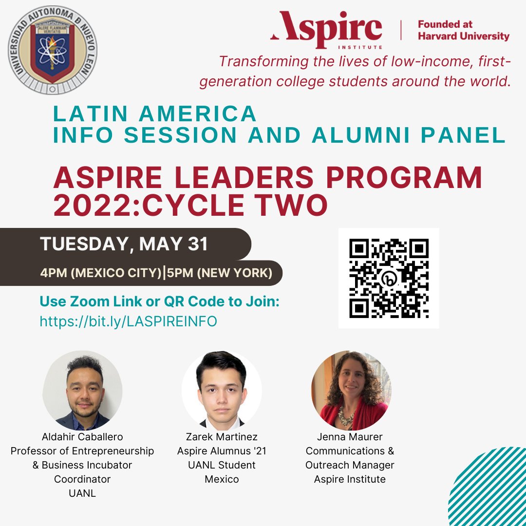 aspire_leaders's tweet photo. An inspiring alumnus will speak about his his entrepreneurial pursuits and how each stage of this program changed his life. We want your voice among this global network so come learn more on Tuesday! https://t.co/3DQWV1E0Rb. #aspireleadersprogram #firstgenerationcollegestudents https://t.co/v43JBOD4PR