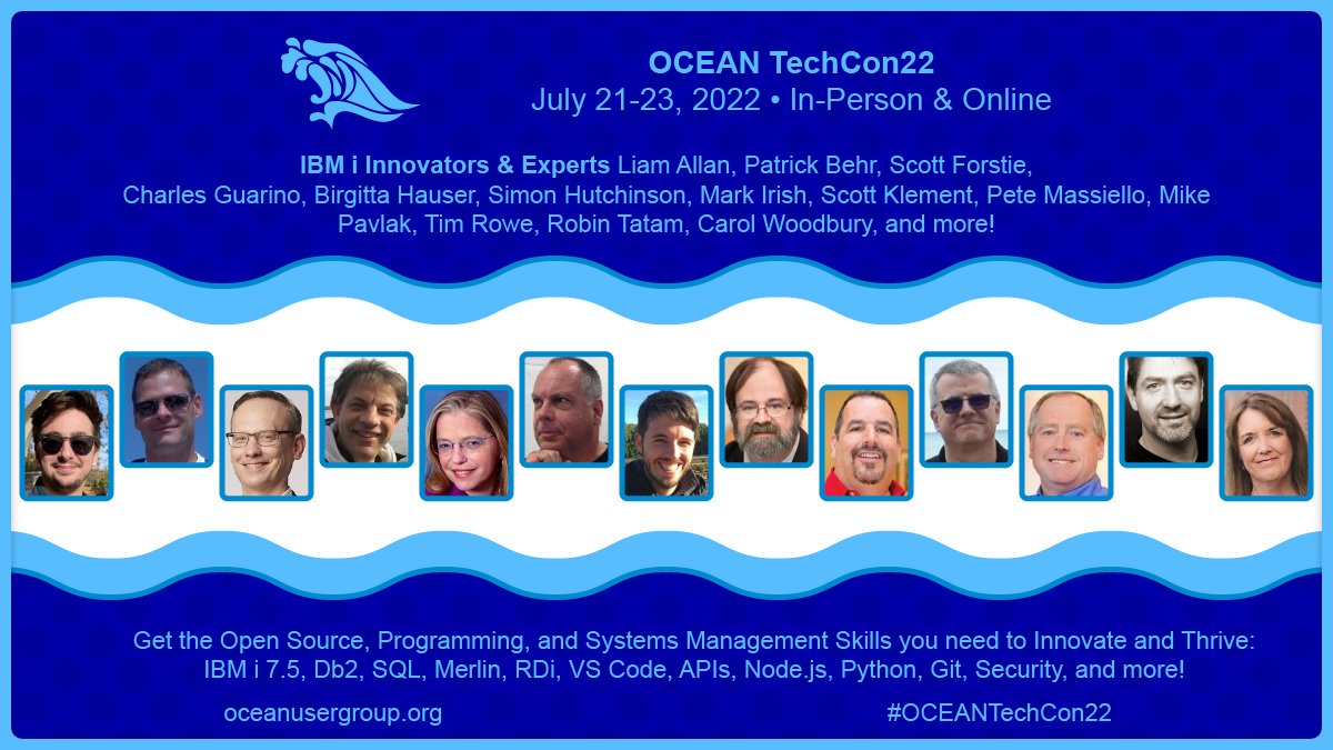 Please join us &amp; these outstanding #IBMi speakers for #TechCon22 this July 21-23! <a href="/notesofbarry/">Liam barry</a> <a href="/P_Behr/">Patrick Behr</a> <a href="/Forstie_IBMi/">Scott Forstie</a> <a href="/charlieguarino/">Charles Guarino</a> <a href="/BirgittaHauser/">Birgitta Hauser</a> <a href="/RPGPGM/">Simon Hutchinson</a> <a href="/markdirish/">Mark Irish</a> <a href="/darkbagel/">Scott Klement</a> <a href="/petem59/">Pete Massiello</a> <a href="/MikeyPEI/">Mike Pavlak</a> <a href="/TimRowe_IBMi/">Tim Rowe</a> <a href="/robintatam/">Robin Tatam</a> @carolwoodbury oceanusergroup.org