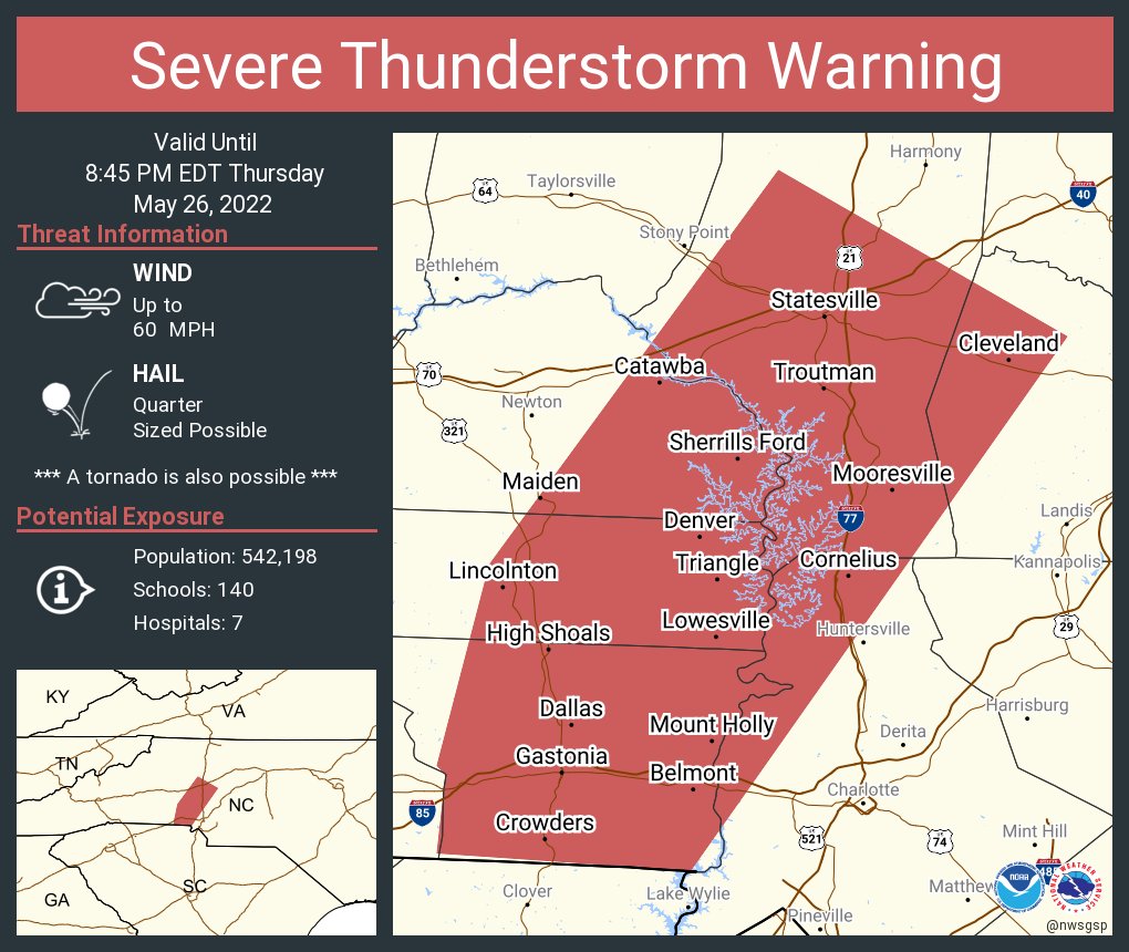 Severe Thunderstorm Warning including Gastonia NC, Mooresville NC and  Cornelius NC until 8:45 PM EDT