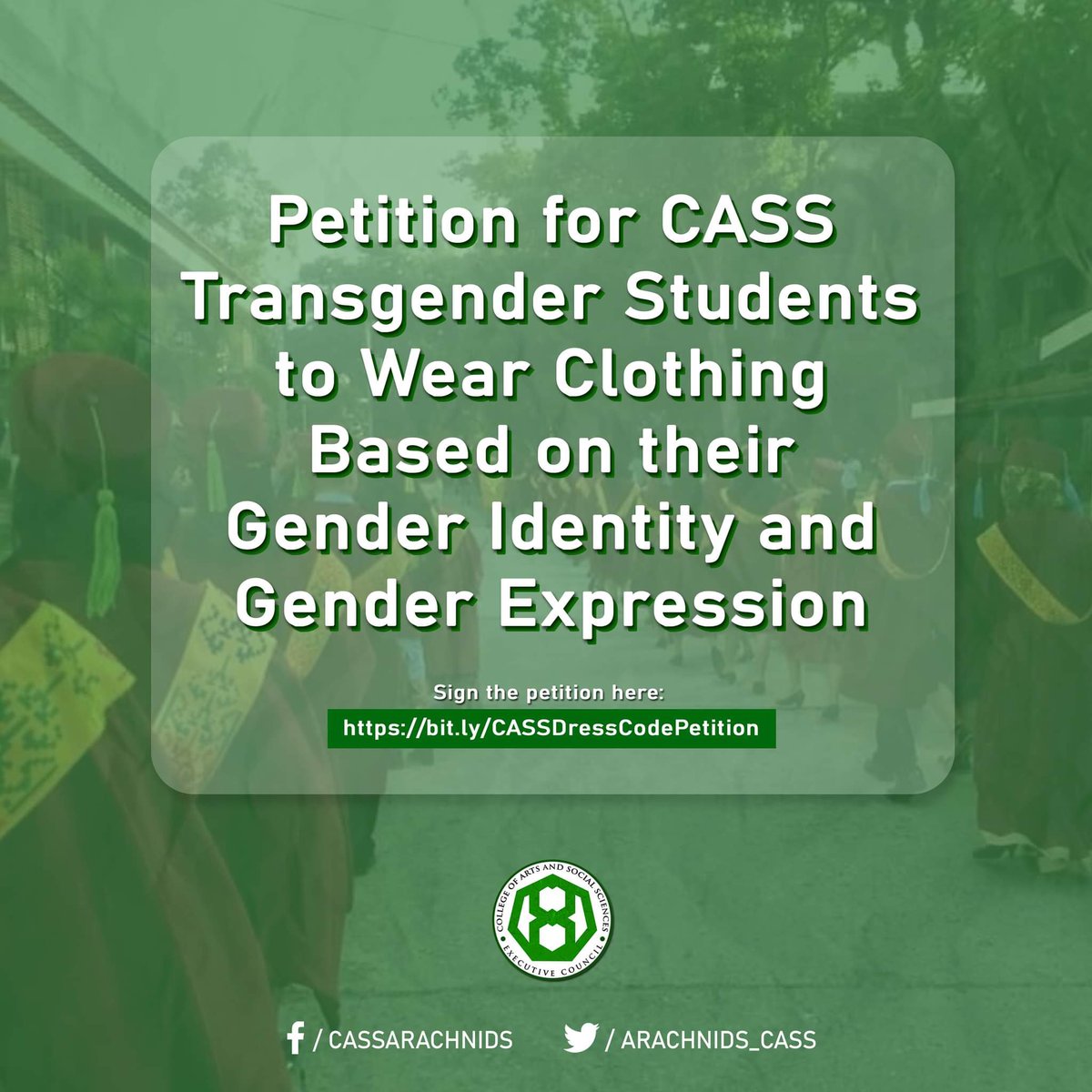 cass_arachnids's tweet photo. Petition for CASS Transgender Students to Wear Clothing Based on their Gender Identity and Gender Expression
SIGN THE PETITION NOW!
Petition Link:
https://t.co/vp4SZ7c18v
#CASSDressCodePetition
#LetTransStudentsGraduate
#TransRespect
#DakilangPamantasan
#MSUIIT https://t.co/hxg7f4Wwy8