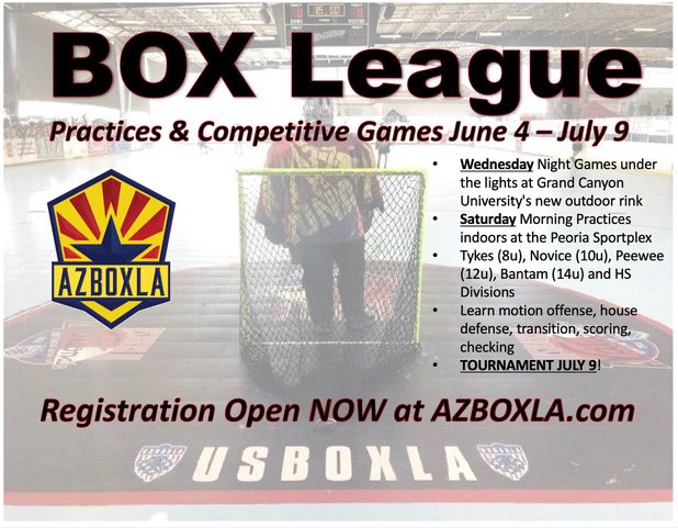 Box League starts June 4 indoors at the Peoria Sportplex. Games under the lights at <a href="/gcu/">Grand Canyon U</a>! Register this weekend and use the code #memorialdayweekend for 10% off! <a href="/USBOXLA/">USBOXLA</a> <a href="/AzlaxLife/">azlax.life</a> <a href="/ArizonaLax/">Arizona Lacrosse League</a> #azlax #boxlacrosse #boxla #lax #lacrosse #azlax <a href="/GCUlacrosse/">GCU Men's Lacrosse</a>