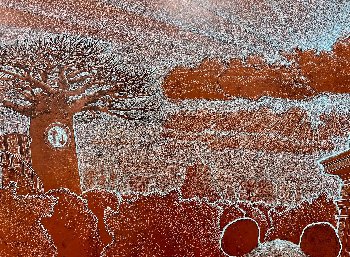 AdeAdesinaink's tweet photo. Another day at the studio. A section of one off my new linocut. #workinprogress #linocut #linodrilling #dremel #printmaking #flexcut #Aberdeen #printmakingprocess #studio #landscape. When the 🌏 moves, the sun will rise again. https://t.co/KpaDLUahSY