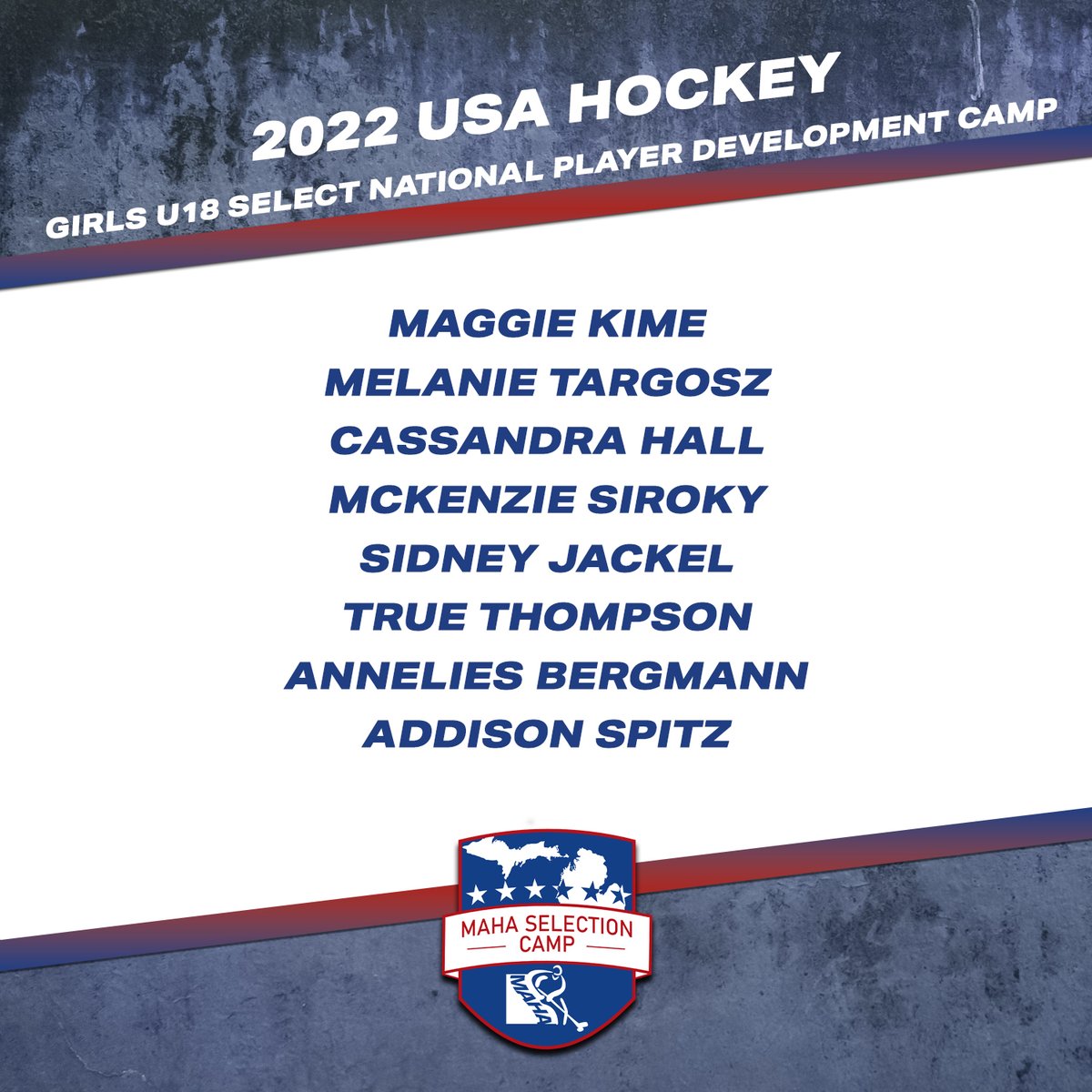 MAHA_Hockey's tweet photo. Congratulations to the players invited to the 2022 @usahockey Girls U18 Select National Player Development Camp! https://t.co/ns0Dm7yqWj