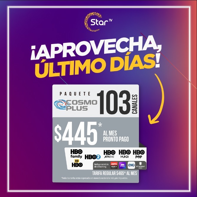 StarTVMx's tweet photo. 🟡¿Te piensas quedar sin tu paquete Cosmo Plus?
Disfruta de 103 canales incluyendo los canales de @HBOLAT➕@HBOMaxLA ➕#ESPNPlay➕#FOXSPORTS3➕@stingraymusic.
¡Mucho entretenimiento por tan sólo $445* pesos al mes!
¡Contrátalo antes de que acabe el mes!
🤳 https://t.co/HV8If3IRfr https://t.co/KYndVL2jI8