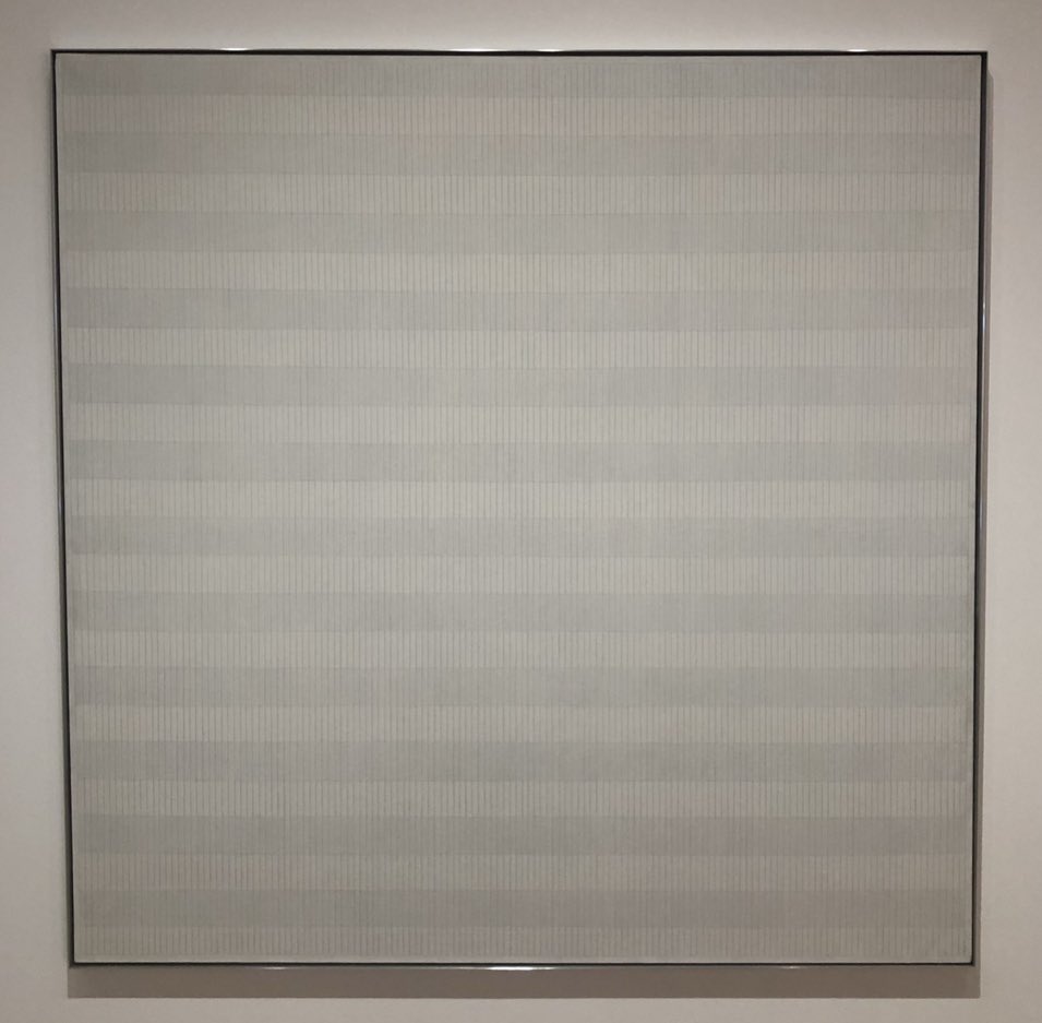 ihateyoast's tweet photo. @AgnesMartinArt This is at NY MoMA. Your picture might not be as crisp as the real deal. Stunning in person. Amazing is the paint for each row is the same, darker rows just have more graphite lines and appear a different color. https://t.co/0K0zG3zPTB