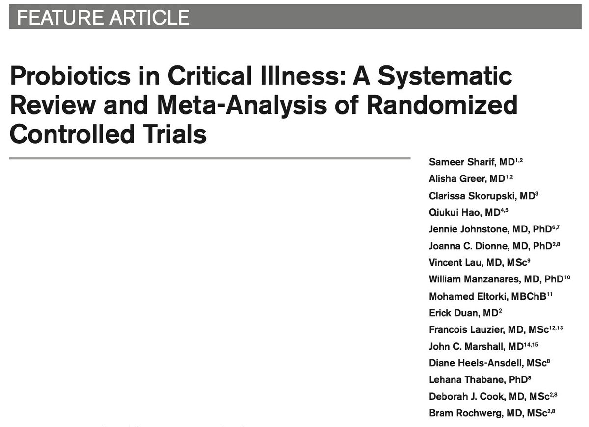 Privileged to present the work of our herculean team effort examining the effects of 💊Probiotics💊 in Critical Illness. Big shout out to the PROSPECT investigators who were a massive part of our team. Link here: pubmed.ncbi.nlm.nih.gov/35608319/ See 👇below👇 for what we found: (1/n)