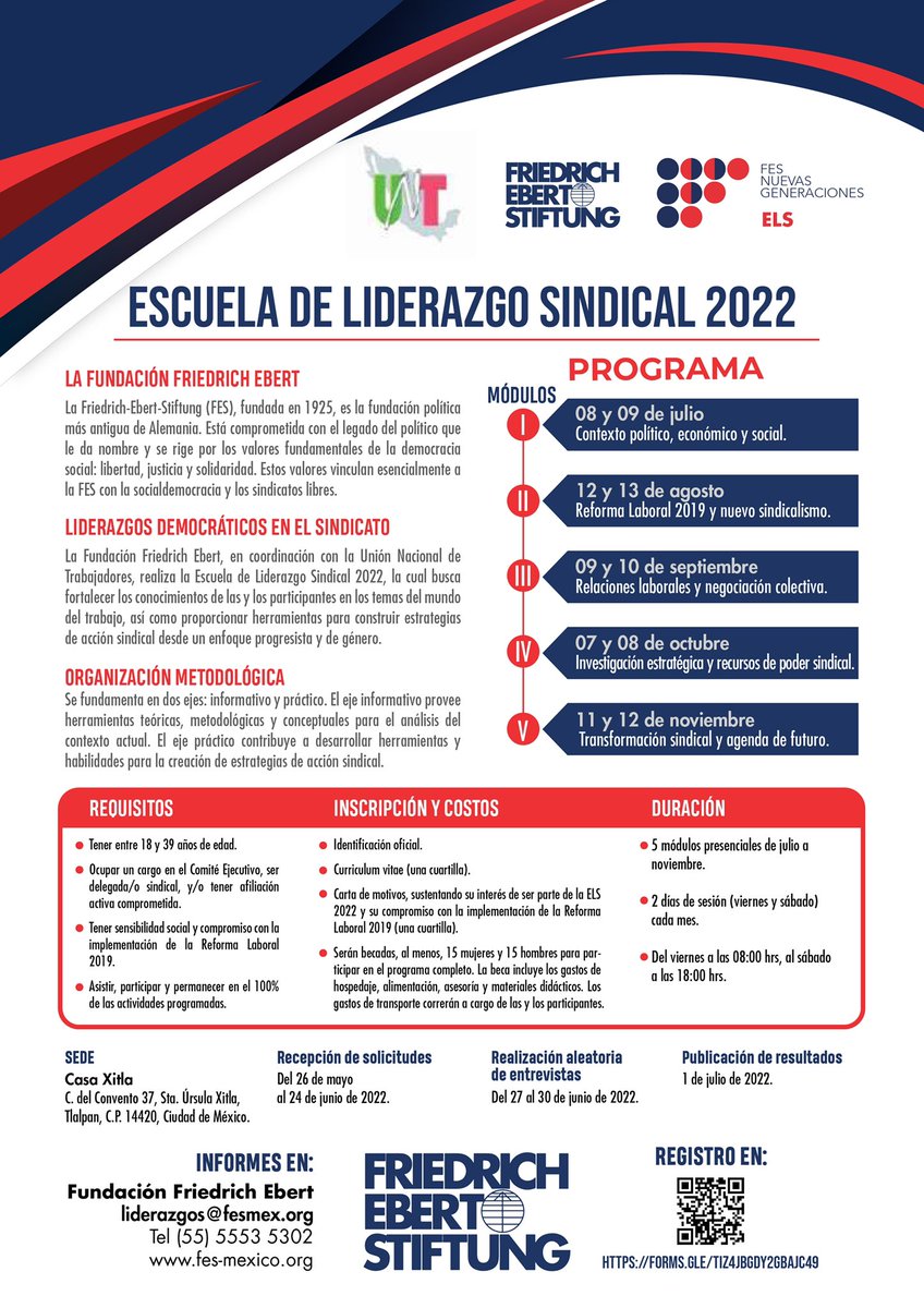 FESMEX's tweet photo. ¡La Escuela de Liderazgo Sindical está de vuelta con su edición 2022!

Adaptamos todos nuestros contenidos en el marco de la implementación de la #ReformaLaboral2019.

¡Postúlate antes del 24 de junio!

Formulario de inscripción: https://t.co/FjQPjYxNjz

Convocatoria completa: https://t.co/g8mxJWTxOD