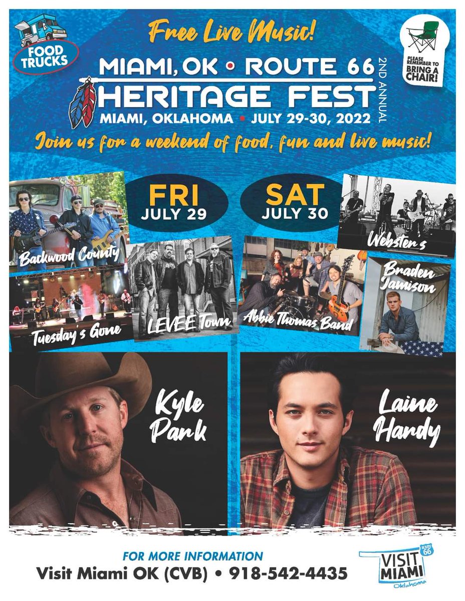 visitmiamiok's tweet photo. The lineup is official!  We are thrilled to welcome these 8 bands to downtown #MiamiOK!  Join us July 29-30, 2022.  Contact us for more details. 918-542-4435 https://t.co/0J0DreqmqO