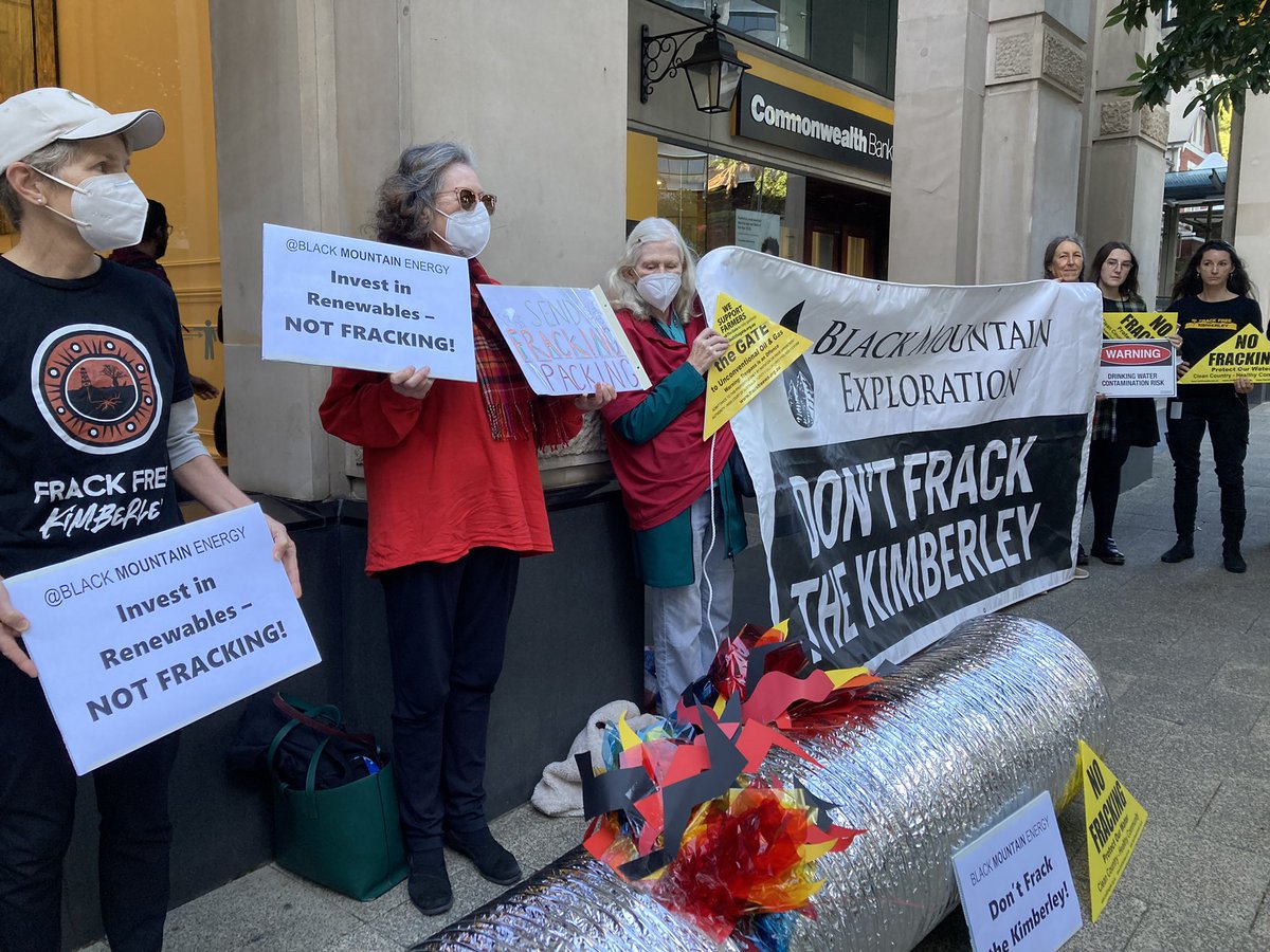 We have rallied outside the Perth/Boorloo headquarters of @BlkMtn_Energy during their first ever Australian AGM.

Black Mountain's planned Kimberley fracking project and export pipeline would threaten country, climate and culture. #frackfreekimberley #frackfreewa