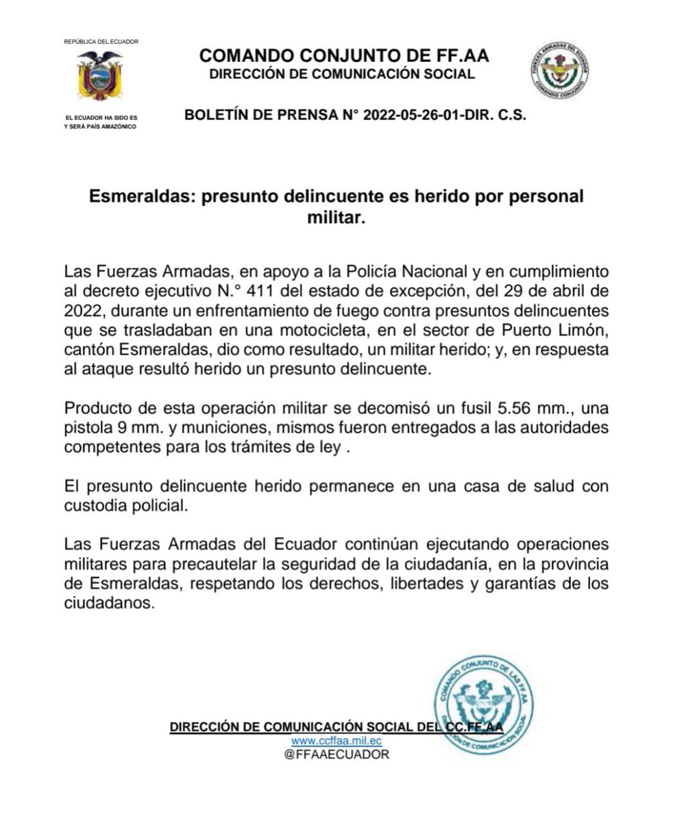 FFAAECUADOR's tweet photo. 🚨Urgente

📌Boletín

✅ #Esmeraldas: presunto delincuente es herido por personal militar.

👇 https://t.co/uCcrP96E4W