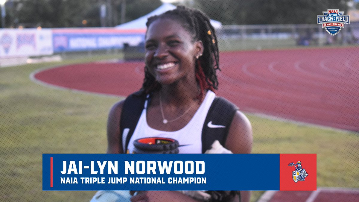 Marian Knights (@muknights) on Twitter photo 🏆NAIA NATIONAL CHAMPION🏆
ANOTHER 1️⃣!
<a href="/MarianTrackXC/">Marian Track & Field</a>'s Jai-Lyn Norwood has won the NAIA National Championship in the Triple Jump!
Jai gives Marian back to back NAIA Championships in the triple jump following Naomi Walters' 2021 title!
Two Champs for the Knights today!😎😎 🏆NAIA NATIONAL CHAMPION🏆
ANOTHER 1️⃣!
<a href="/MarianTrackXC/">Marian Track & Field</a>'s Jai-Lyn Norwood has won the NAIA National Championship in the Triple Jump!
Jai gives Marian back to back NAIA Championships in the triple jump following Naomi Walters' 2021 title!
Two Champs for the Knights today!😎😎