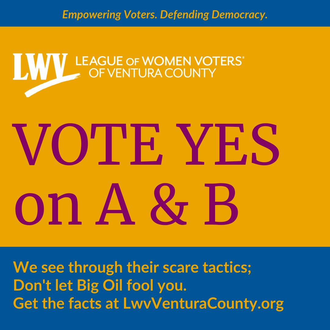 LwvVentura's tweet image. 👀We see through the scare tactics... We’ve done the research and we’re voting YES on Measures A&amp;amp;B. Find detailed analysis with supporting sources of information and statistics at LWVVenturaCounty.org. Don’t let Big Oil fool you!